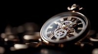 Vintage pocket watch with exposed mechanical gears and Roman numerals on dark background with golden coins, showcasing intricate clockwork details and timeless design.