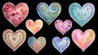 Decorative heart shapes with ornamental patterns, watercolor textures, and gradient fills in pink, blue, gold, and purple tones. Isolated on transparent background, ready for t-shirt designs, stickers, clipart, sublimation, and print-on-demand projects.