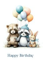 Watercolor illustration of woodland animal friends - bear, raccoon with blue hat, and bunny - holding colorful balloons for birthday celebration.
