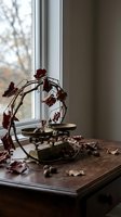 Vintage brass scales with autumn grape vine and dried leaves on wooden table by window creating rustic still life composition for seasonal home decor.