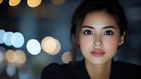 Young Asian woman with natural makeup looking at camera against blurred city lights bokeh background at night for lifestyle and portrait photography.