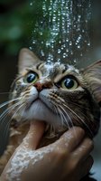 Curious tabby cat with bright green eyes looking up through wet glass window while being petted, water drops creating bokeh effect in dark background.