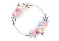 Watercolor floral wreath with pink roses, lavender sprigs, and cream blooms arranged around circular frame on white background.