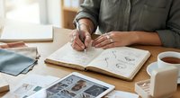 Professional woman sketching creative designs in notebook at modern workspace with coffee and tablet for business planning and artistic development.