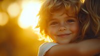 Young caucasian child with curly hair smiling warmly while hugging parent at golden sunset, creating tender emotional moment with natural bokeh light effect.