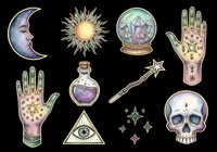 Mystical clipart set with moon, sun, crystal ball, magic hands, potion, wand, eye, stars, and skull, isolated on transparent background for stickers, T-shirts, print on demand.