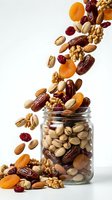 Mixed nuts and dried fruits pouring from glass jar onto white surface. Almonds, walnuts, pistachios, dates, cranberries and apricots in motion for healthy snack advertising.