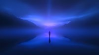 Silhouette of person standing on reflective water surface surrounded by mountains in mystical blue twilight atmosphere with glowing horizon and fog.