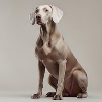 Elegant Weimaraner dog with silver-gray coat sitting in dignified pose against neutral beige background, showcasing breed's distinctive appearance and noble character.