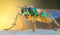 Extreme macro photography of metallic green long-legged fly showing detailed compound eyes, bristles, and iridescent body against soft yellow background.