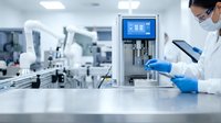 Asian female scientist in protective gear operating advanced laboratory equipment for pharmaceutical research and development in modern sterile facility.