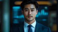 Young Asian businessman in dark suit and tie with confident expression against blurred office background with modern teal lighting effect.
