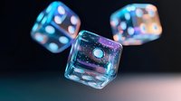 Glowing translucent dice with blue and purple colors floating on dark background, showing dynamic motion and light effects for gaming and entertainment concepts.