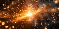 Glowing golden light burst with sparkling particles and bokeh effect against dark background, creating magical atmospheric scene for festive designs.