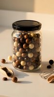 Glass jar filled with colorful chocolate candy balls on kitchen counter with baking utensils for confectionery and dessert preparation projects.
