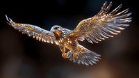 Majestic golden eagle with spread wings soaring against dark background, metallic bronze and silver feathers catching light in dramatic flight pose.