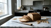 Freshly sliced whole grain bread loaf on marble countertop in modern kitchen interior with natural lighting for healthy eating and baking concepts.