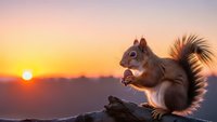 Red squirrel sitting on wooden log during golden hour sunset with warm orange sky background and palm tree silhouette creating peaceful wildlife scene.