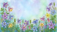 Watercolor columbine flowers in purple, blue, yellow, and pink on a soft pastel background with copy space for greeting cards.