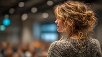 Young blonde woman with curly hair in cozy knit sweater looking away in modern cafe or restaurant with warm bokeh lighting background for lifestyle content.