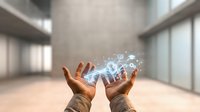 Professional hands presenting holographic digital network connections in modern office corridor with glowing data visualization effects.