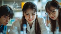 Young Asian female scientists in white lab coats working together in research laboratory with microscopes and molecular formulas, focus on education and STEM careers.