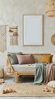 Boho living room interior with blank frame mockup, rattan furniture, macrame wall hangings, colorful cushions and natural textures for home decor design.