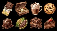 Watercolor chocolate sweets collection with cocoa pod, cake slice, cookie, hot drink, candy box, isolated on transparent background for stickers, t-shirt design, print on demand.