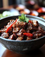 Spicy braised pork belly chunks with red chili peppers and fresh mint garnish served in traditional ceramic bowl, rich brown sauce and tender meat for Asian cuisine.