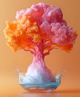 Vibrant pink and orange ink clouds form tree shape in clear water bowl against peach background, creating dramatic liquid art explosion with splash effects at base.