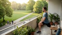 Young Caucasian man in sportswear doing lunge stretch on apartment balcony overlooking green park at sunrise, healthy active lifestyle.