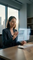 Professional businesswoman using transparent digital interface in modern office with city skyline view for corporate technology presentations.