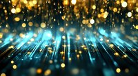 Abstract background with glowing blue light rays streaming upward through golden bokeh particles, creating magical atmospheric effect for festive designs.