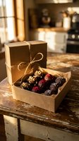 Artisanal chocolate truffles in kraft paper box with twine bow, displayed on rustic wooden table in warm kitchen setting with natural window light.