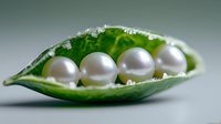 Elegant white pearls nestled in green pea pod against neutral background, symbolizing natural luxury and organic wealth.