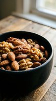 Mixed nuts including walnuts, almonds and pecans in dark bowl on rustic wooden table near window with natural lighting for healthy snacking and cooking.