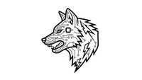 Wolf head profile with open mouth showing teeth in black line art style isolated on white background for logo design and branding projects.