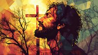 Artistic portrait of bearded man in profile with cross and geometric background, dramatic lighting creates spiritual atmosphere against sunset sky and bare trees.
