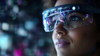 Young African American woman wearing futuristic augmented reality smart glasses with holographic display interface in dark environment with blue tech lighting.