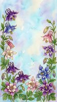 Watercolor columbine flowers border in purple, pink, blue and white on soft pastel background with copy space for greeting cards.