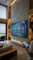 Modern smart home control panel on concrete wall with person using mobile app for home automation system in contemporary living room with warm lighting.
