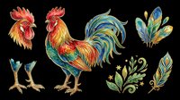 Rooster head and feather collection isolated on transparent background, ready for t-shirt design, clipart, stickers, sublimation and print-on-demand projects.