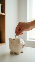 Hand inserting coin into ceramic piggy bank on white table near window for savings and financial planning concepts.