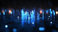 Glowing blue light pillars rising from dark surface with scattered bokeh effects and orange highlights creating futuristic cityscape atmosphere.