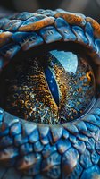 Macro shot of mystical dragon eye with blue and gold scales, featuring intense detail and dramatic lighting for fantasy art and creature design projects.
