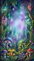 Enchanted forest clearing with glowing mushrooms, twisted trees, and magical starlight creating a mystical woodland gateway for fantasy and nature-inspired designs.