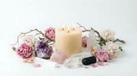 Spa wellness arrangement with burning candle, healing crystals, dried flowers and natural elements for relaxation and meditation practices.