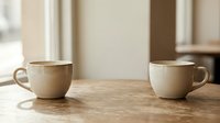 Two ceramic coffee cups on wooden table in bright kitchen interior with natural window light creating warm morning atmosphere for cafe branding.
