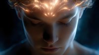 Young woman with glowing energy emanating from head against dark background, representing mental power, consciousness, meditation and spiritual awakening.