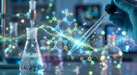 Scientist hand in blue glove holding test tube with glowing molecular structures and chemical formulas in modern laboratory for research and development.